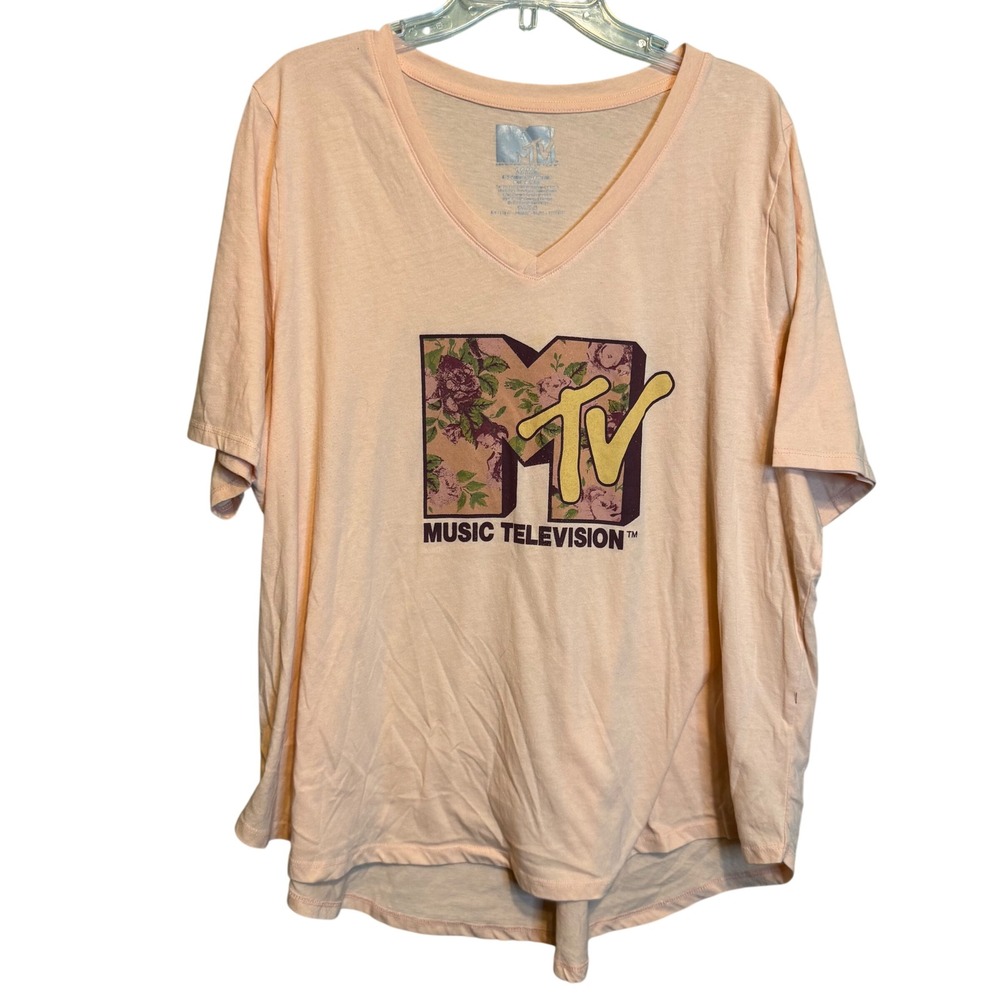 MTV Womens Floral Graphic Logo Music Television Shirt Peach Plus Size 22/24